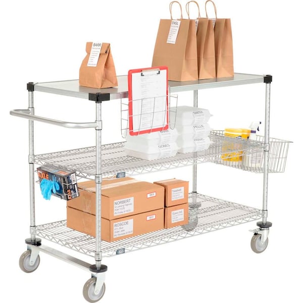 Global Equipment Nexel Curbside Cart, Chrome, 72"L x 18"W x 40"H, 3 Wire Shelves, Polyurethane Casters CS18723C - main